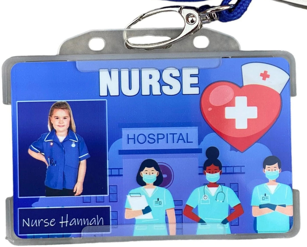 Children / Child Nurse Roleplay ID Card With Blue Lanyard - Personalised Name And photo
