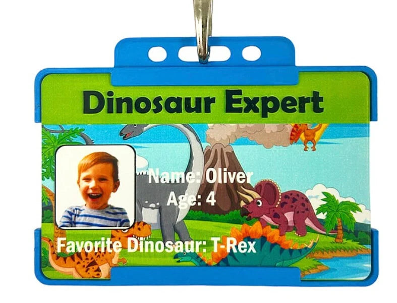 Children / Child Dinosaur Roleplay ID Card With Green Lanyard - Personalised Name And photo