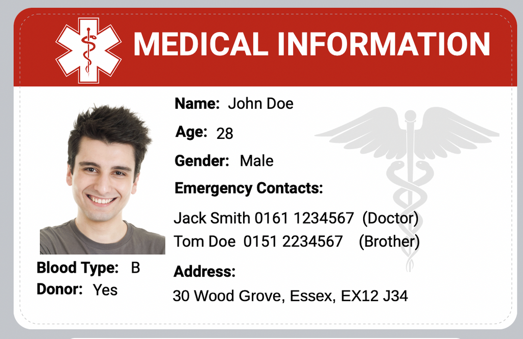 Personalised Medical Alert Card ICE - In Case of Emergency